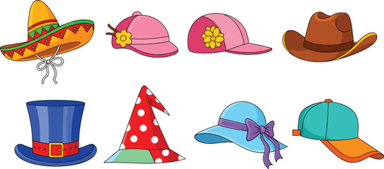 Cartoon hat collection, sombrero, sunhat, baseball cap, cowboy hat, top hat, wizard hat, fashion accessories, vector illustration, colorful headwear