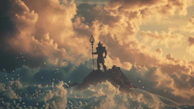 Poseidon stands on a rock as waves crash around him in the sea during a stormy sunset