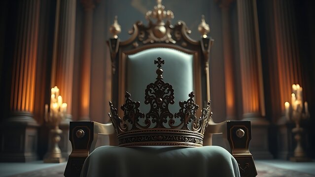 abdication. An ornate jeweled crown resting on an empty throne in a dim room. event programs, museum guides, designed for cultural heritage projects and event programs, elevates cultural identity.
