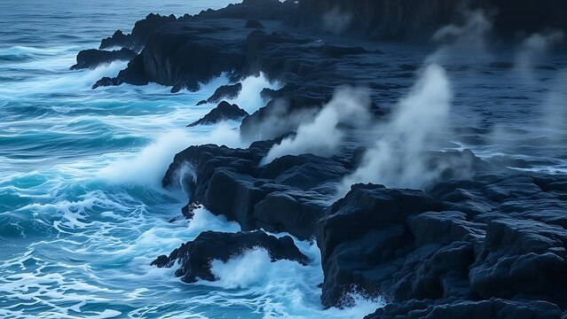 meson. Lava meeting ocean, forming black volcanic rock with rising steam at sunset. inspiring travel planning, travel magazines, designed for travel destination branding, used by nutritionists.
