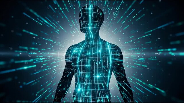 Digital human figure surrounded by data stream lines in futuristic design
