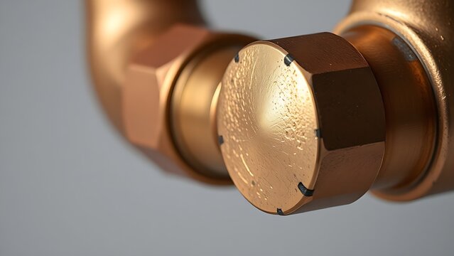 flippant. Close-up of a shiny brass joint connecting two copper pipes. safety posters, maintenance manuals, designed for industrial assembly lines and welding operations, used by engineers.