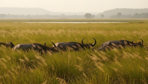 The Long grasses hide and conceal the water buffalo (Bubalus bubalis), Kaziranga National Park, India.
