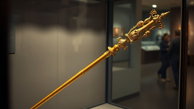 glaive. A ceremonial gilded glaive with carved shaft displayed in a museum. event programs, museum guides, designed for cultural heritage projects and event programs, preserves heritage.