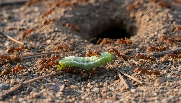 The marauding ants taking the Alcon blue caterpillar back to their nest for nursing because of caterpillar producing a scent like that emitted by an ant larva.
