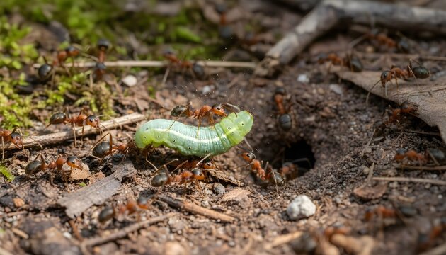 The marauding ants taking the Alcon blue caterpillar back to their nest for nursing because of caterpillar producing a scent like that emitted by an ant larva.
