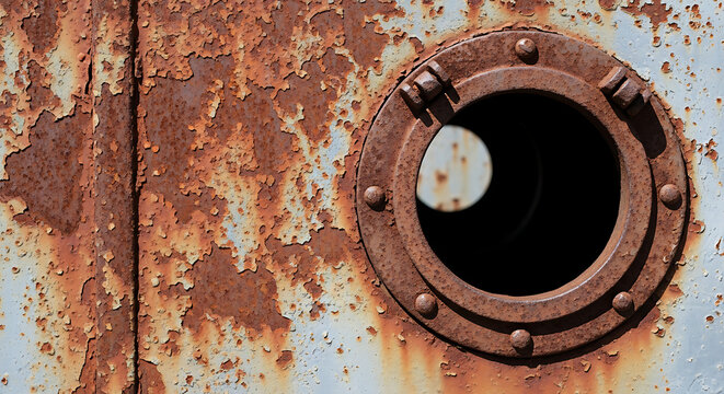Rusty metal door with a circular manhole cover viewed from the side with rust and corrosion everywhere outdoors