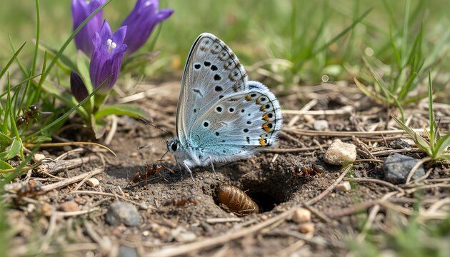 The Alcon blue pupate crawls out from ant's nest become an Alcon blue butterfly.
