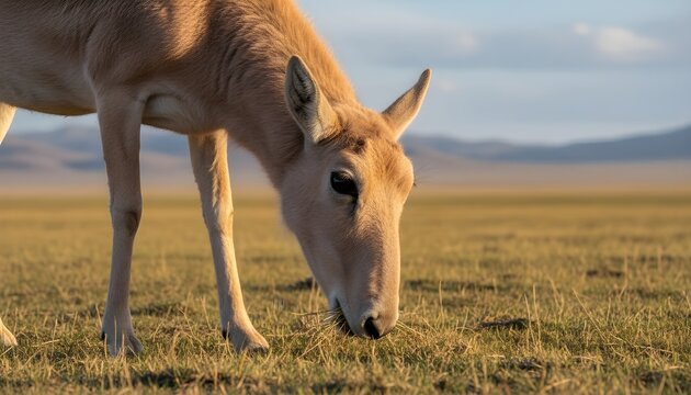 Close up of the saiga antelope (Saiga tatarica) grazing on grassland , Mongolia
