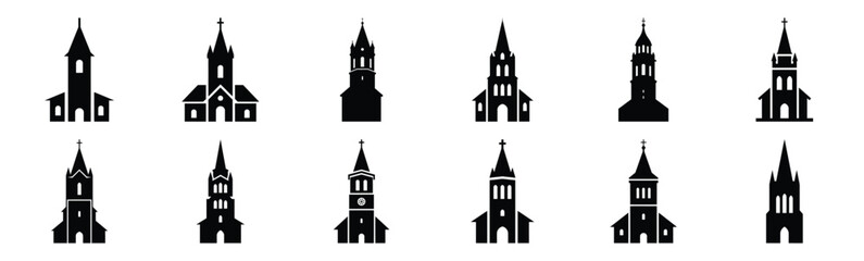 Easter church tower Silhouette vector icon set. Easter vector icons on white background and Vector illustration.