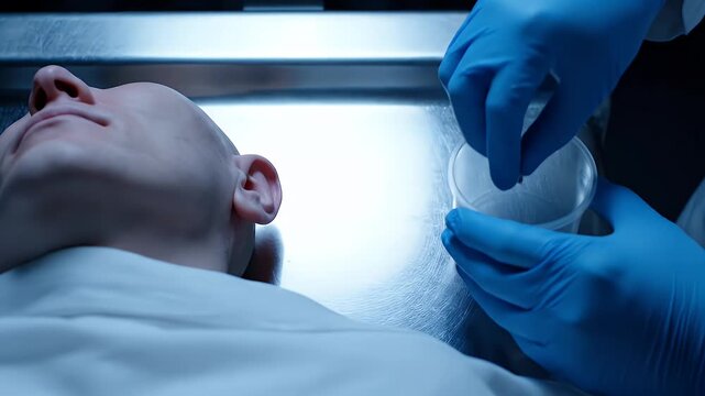 Medical Examiner Inspecting Deceased Person in Morgue Crime Scene Investigation with Surgical Gloves and Forensic