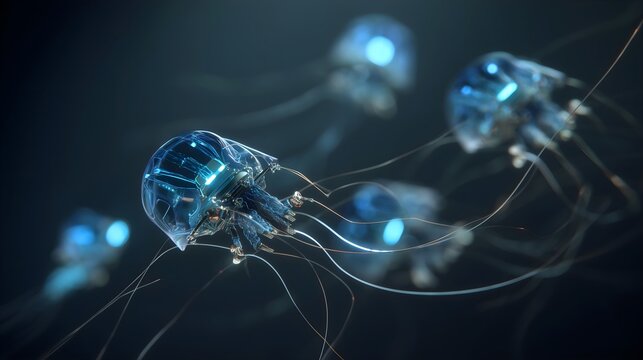 Futuristic glowing robotic jellyfish floating in dark water atmosphere &mdash; high detail sci fi creature perfect for tech visuals, AI concepts, cybersecurity themes, future design and modern digital art