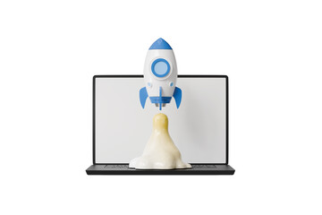 3d rocket on laptop icon. startup launch concept. minimal cartoon laptop rocket cloud for app onboarding. isolated on white transparent background. 3d render.