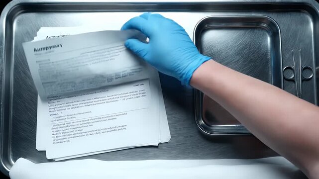 Medical Examiner Reviewing Evidence with Blue Gloves on Silver Tray, Scissors and Instruments Included, Forensics