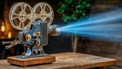 Fototapeta premium Vintage film projector casting a bright beam of light in a cozy room filled with a warm ambiance during a gathering of enthusiasts celebrating classic cinema