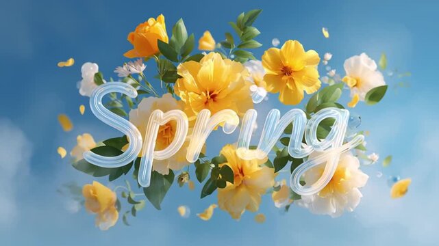 Vibrant spring flowers with yellow blooms and green leaves, featuring the word 'Spring' in a clear, flowing font against a blue sky
