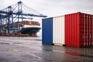Obraz premium Shipping container with French flag colors at a commercial port