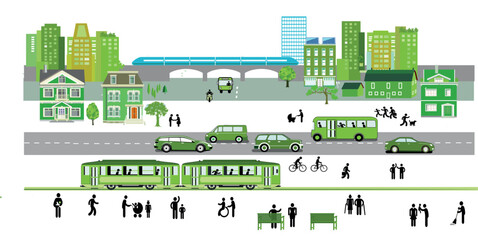 Stadtsilhouette mit autos, &ouml;ffentliche verkehrsmittel, Stadtbahn, Stadtbus, Menschengruppen Illustration