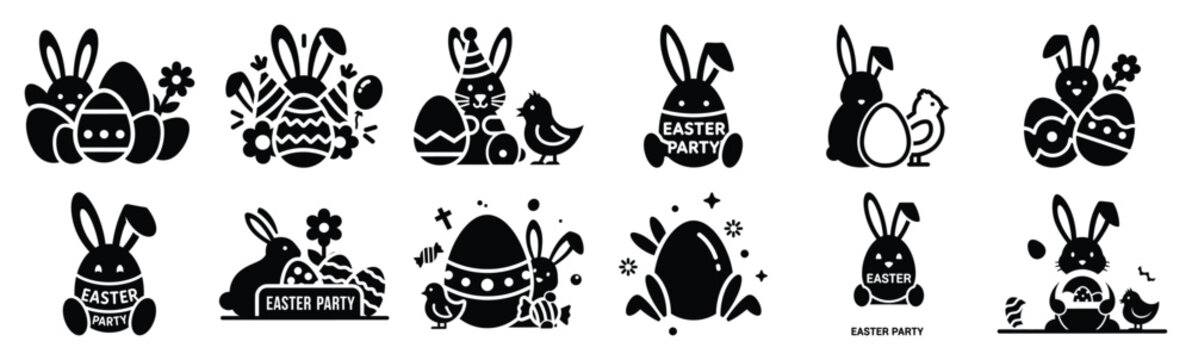 Easter easter party Silhouette vector icon set. Easter vector icons on white background and Vector illustration.