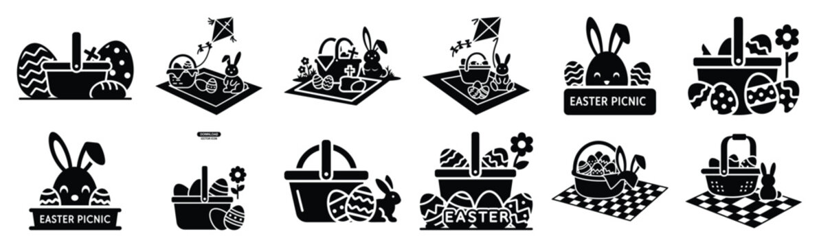 Easter easter picnic Silhouette vector icon set. Easter vector icons on white background and Vector illustration.