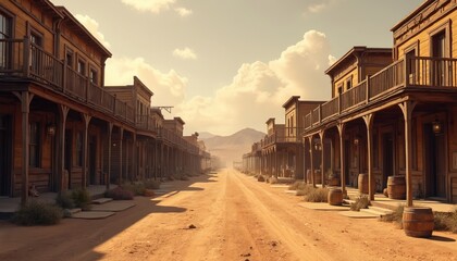 Fototapeta premium Old wooden buildings line a dusty street in a deserted wild west town. Remote frontier landscape with dry desert mountains under a cloudy sky.