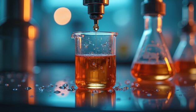Liquid drips into beaker from dispenser. Orange substance in glass flask, bubbles form. Science lab research, chemistry experiment setup, data collection.