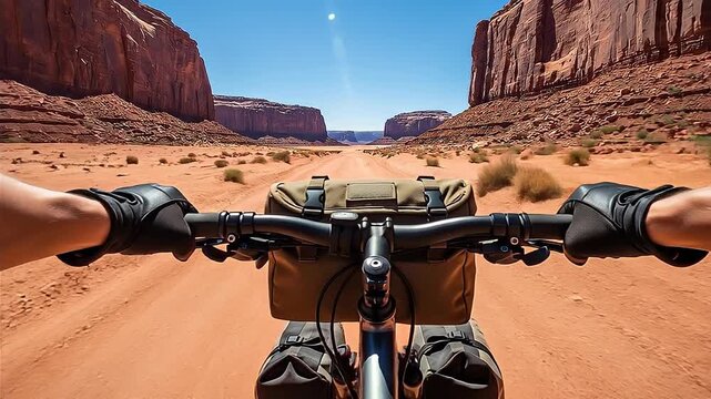 Cyclist riding bicycle on dirt road through red rock canyon desert valley under blue sky
