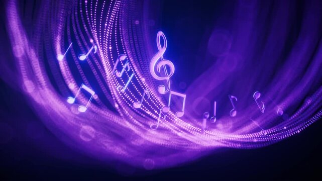 Abstract purple musical background with glowing notes and flying treble clef in motion