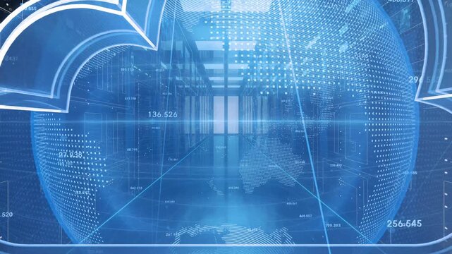 Flying through digital server room corridor towards bright exit light