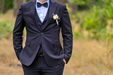 A man in a suit and bow tie stands in a field with a flower in his lapel