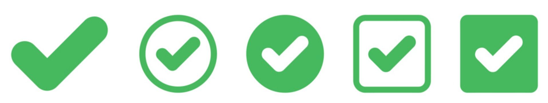 Check mark icon set. Check box icon with right button and yes checkmark icons in green tick box. Isolated checkmark symbol, right sign concept. Symbols of approval.