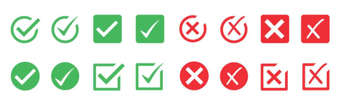 Check mark icon set. Check box icon with right and wrong buttons and yes or no checkmark icons in green tick box and red cross. Isolated checkmark symbol, right and wrong sign concept.
