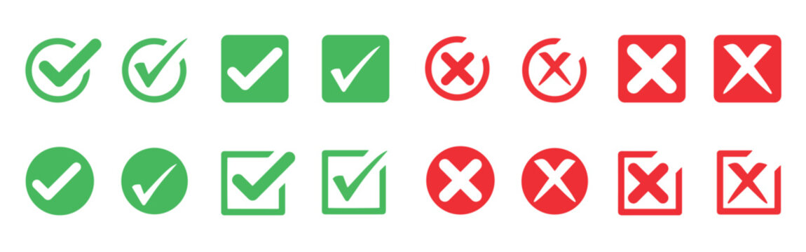 Check mark icon set. Check box icon with right and wrong buttons and yes or no checkmark icons in green tick box and red cross. Isolated checkmark symbol, right and wrong sign concept.