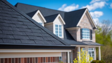 A house with a black roof and a brick exterior