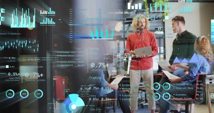 Animation of financial data processing over diverse business people in office