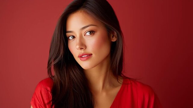 Asian woman with long hair poses in a red top against a solid red background, showcasing a subtle progression of expressions and angles