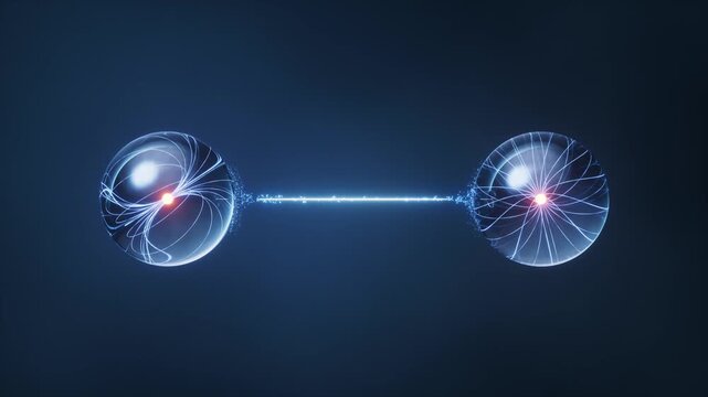 Dynamic visualization of two entangled quantum particles connected by a glowing electrical beam representing instantaneous communication