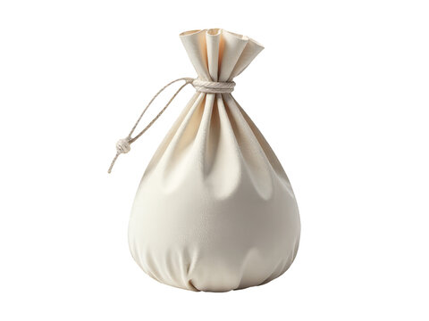 A white bag with a string tied around the top, possibly for carrying or storing items