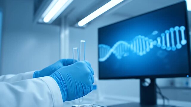 Scientist Examining Dna Helix Structure In Test Tube Under Bright Laboratory Lights In Science Concept Presentation and