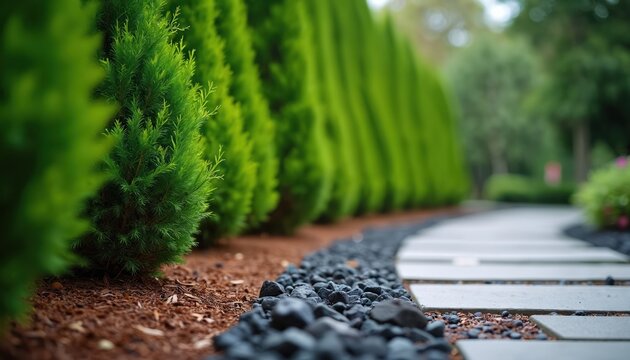 Smaragd thuja hedge lines modern garden path made of concrete slabs and dark gravel. Evergreen conifers border walkway with mulch and small rocks. Lush green plants create natural outdoor space.