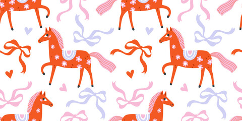 Naklejka premium Seamless pattern with cute folk horses, ribbons, bows and hearts in pastel colors. Playful hand-drawn flat illustration for kids fabric, wrapping paper, wallpaper and decorative surface design.
