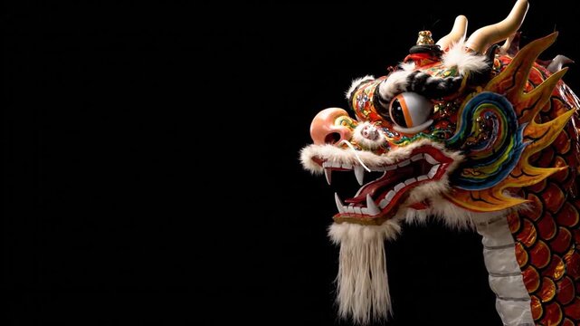Close up of a traditional Chinese dragon head with a black background.