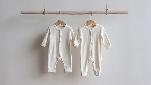 Cozy Baby Sleepsuits Hanging on Wooden Hanger in Soft Neutral Tones