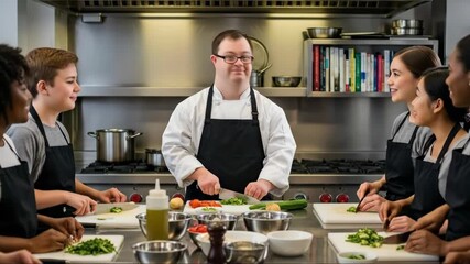 Culinary class with diverse chefs joyfully preparing a meal together in a bustling kitchen