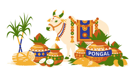 Naklejka premium Vibrant Flat Vector Illustration of the Pongal Harvest Festival with a Decorated Bull, Overflowing Pots, and Sugarcane