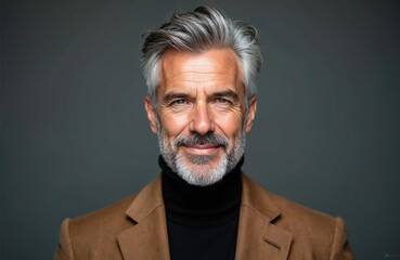 Obraz premium Handsome middle-aged man with salt-and-pepper hair and beard smiles warmly. He wears brown coat and black turtleneck against neutral grey backdrop. Mature pro style conveys confidence and experience.