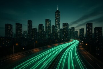 Fototapeta premium Futuristic green energy highway concept with glowing trails through modern city skyline at night, symbolizing eco-friendly urban transportation systems. Ai generative