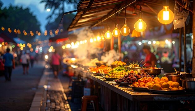 Lively night market scene with diverse street food stalls under glowing lights, offering an enticing array of culinary delights to visitors exploring the bustling evening ambiance