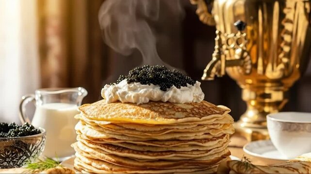 Golden samovar and pancake stack steaming in elegant breakfast setting with fresh cream topping