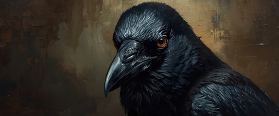 Obraz premium Raven Portrait: A Majestic Bird Study Against an Abstract, Artistic Backdrop